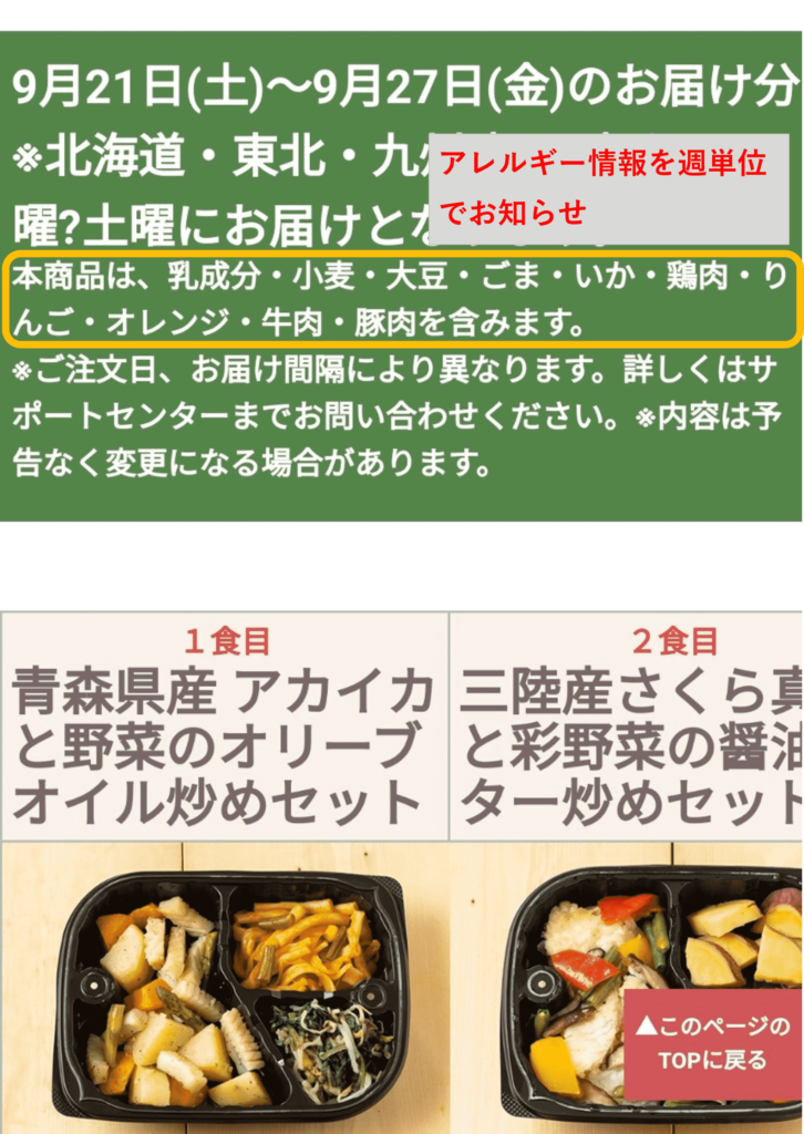 わんまいる 美食弁当 5食分のアレルギー情報（公式サイトより）